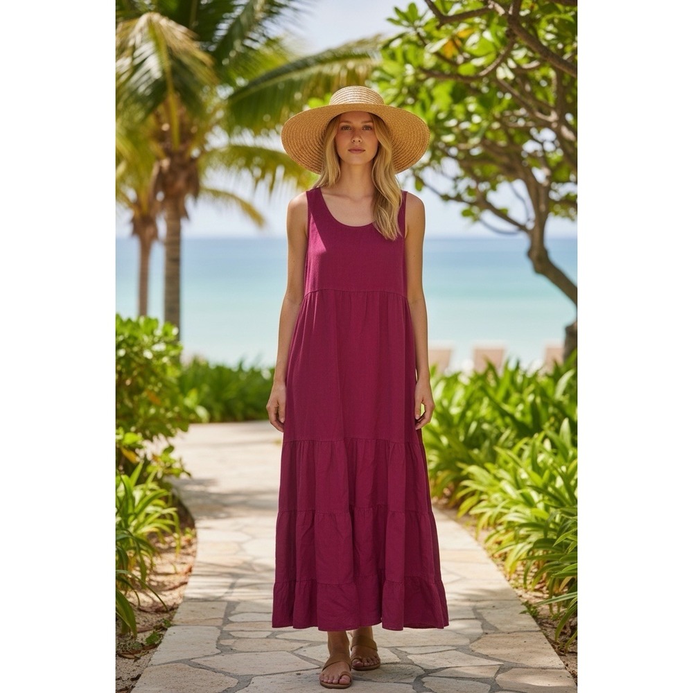 The Territory Ahead Sleeveless Linen Blend Tiered Maxi Dress 8 Beach‎ Lagenlook